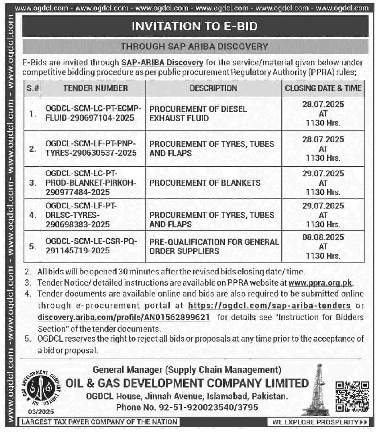 Oil & Gas Development Company Limited Islamabad Tender Notice